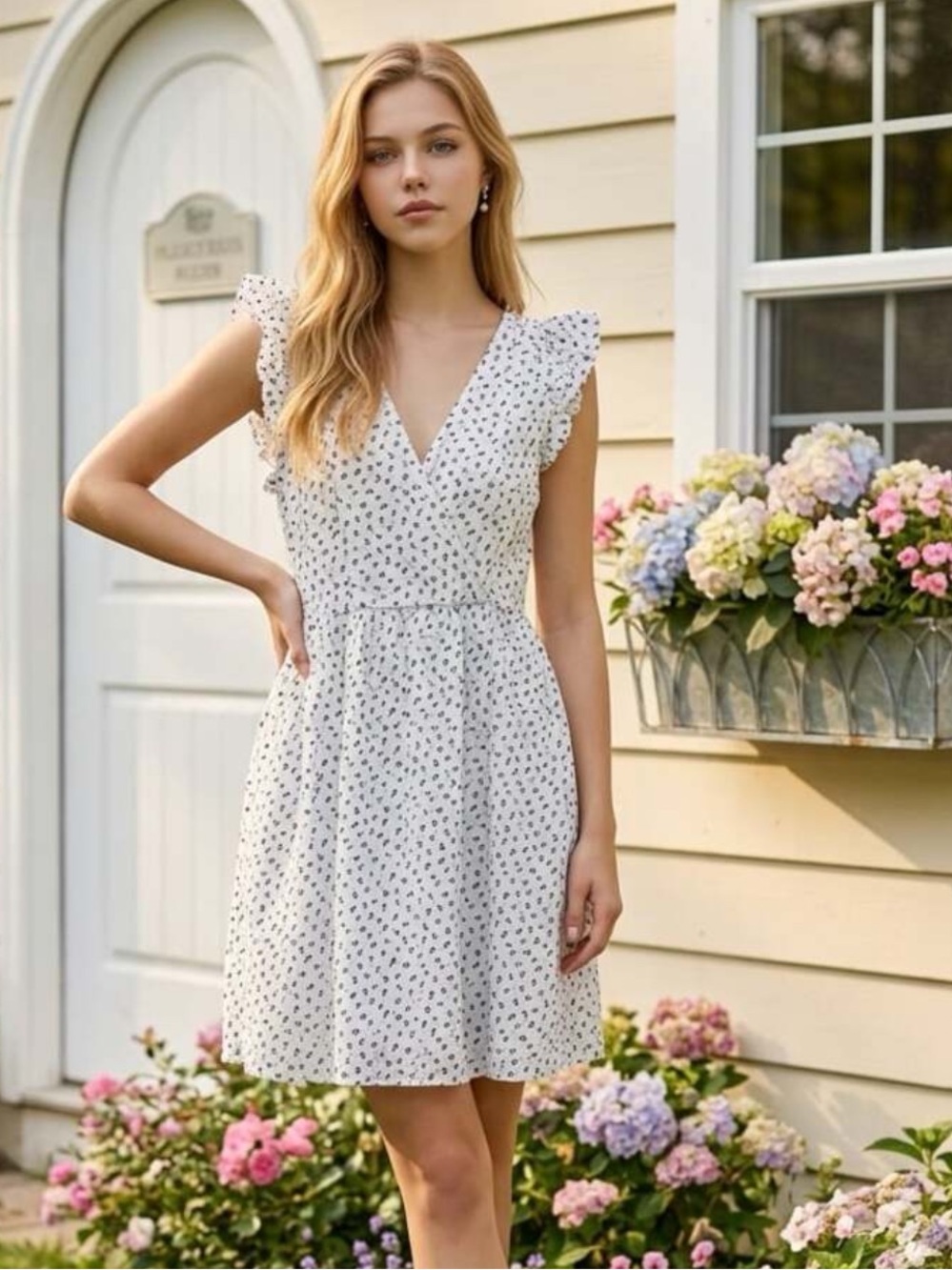 LOFT Cotton Eyelet Ditsy Floral Black White Faux Wrap Mini Dress Ruffle Flutter